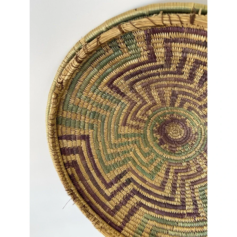 Vintage African Style Handwoven Coil‎ Lidded Basket W/ Colorful Interior Design